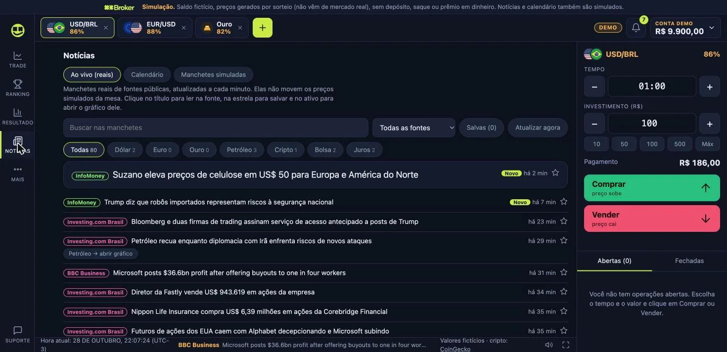 Aba de notícias com manchetes reais